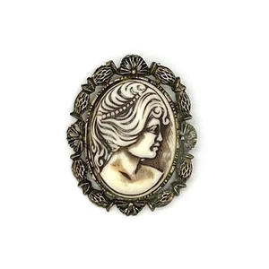 Broche prendedor vintage tallado camafeo concha crema ovalado coleccionable - Imagen 1 de 3
