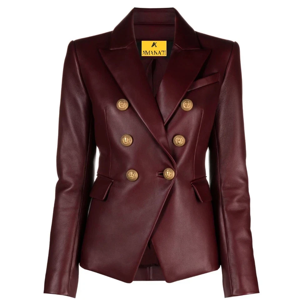 Leather Blazer Jacket Women Size Women's Button Coat Lambskin Vintage Burgundy - Image 1 of 4