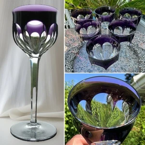 RARE SET SIX MOSER 8” HOCK WINE GLASSES MOG 11 AMETHYST CUT TO CLEAR C1960 VGC - Picture 1 of 15