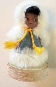 Vintage Eskimo or Indian Doll Native Faux Fur 5” On Birch Wood - Picture 1 of 4