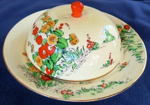 Vintage handbemalt CROWN STAFFORDSHIRE orange & gelb HOLLYHOCKS - Käse & Deckel - Bild 1 von 9