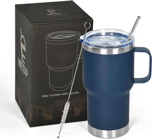 20 oz Tumbler with Handle, insulated cup coffee mug lid, straw Navy Blue - Picture 1 of 7