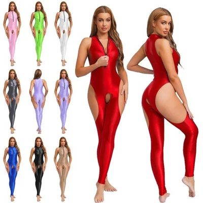 Damen ärmelloser Hollow Out Jumpsuit Glänzender Bodystockings Bodysuit Overalls - Bild 1 von 4