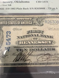 1902 Plain Back $10 National HENNESSEY, OK Charter #5473 Oklahoma 949708-1 - Picture 1 of 4