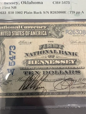 1902 Plain Back $10 National HENNESSEY, OK Charter #5473 Oklahoma 949708-1 - Image 1 of 4