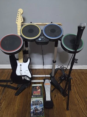 Xbox 360 Rock Band 2 Complete Drum Set Bundle, Guitar, 2 Games, Tested & Working - Image 1 of 4