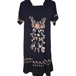 Navy Boho Peasant Dress Raised Floral Print Short Sleeve Rayon Small - Picture 1 of 5