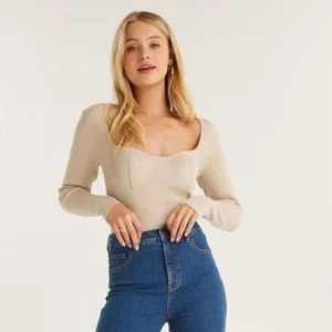 DOTTI Sweetheart Beige Ribbed Long Sleeve Top - Size 10 - 12 Women’s - Picture 1 of 12