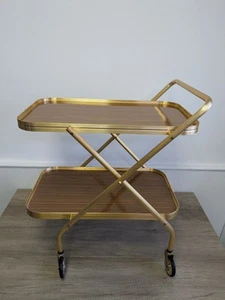 Vintage 2 Tier Gold Brass Cocktail Drinks Tea Folding Hostess Trolley - Bar PROP - Picture 1 of 9