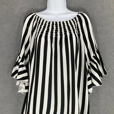 Blusa a Rayas Cato Escote Calado Manga Campana Top Negro Blanco Boho Talla M Foto 1 de 4