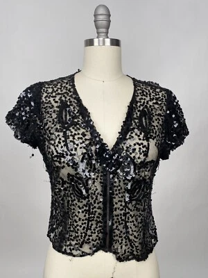 Antigua parte superior vintage de lentejuelas de red negra de los años 30 con cremallera manga corta COMO ESTÁ Foto 1 de 4