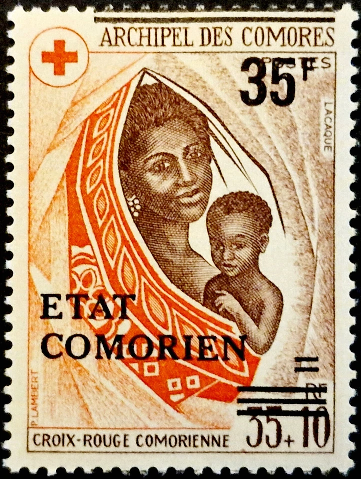 Sello Comoras MNH Cruz Roja ERROR DE SOBREIMPRESIÓN DESPLAZADO - Sobrecarga desplazada Foto 1 de 2