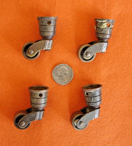 Four Vintage Brass Round Cup Castors Swivel Furniture Wheels Age Patina Cover
