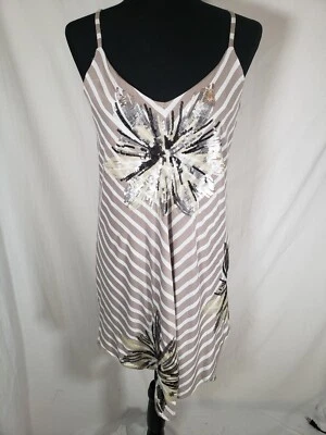 INC International Concepts White and Beige Striped with Sequined Flowers Sz M - Image 1 of 4