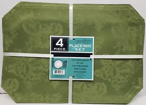 SET OF 4 FABRIC SOFT PLACEMATS (13" x 18") TEXTURED FLOWERS ON DARK GREEN #2, AL - Picture 1 of 12