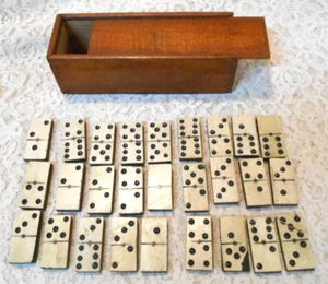27er Set Knochen & Ebenholz mit Messingstiften antike Dominosteine & Holz Schwalbenschwanz Box - Bild 1 von 9