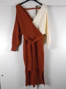 Fashion Nova Large Mona Sweater Dress Midi Color Block Tan Cream Belted V Neck - Picture 1 of 7