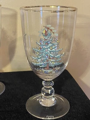 Spode Christmas Tree 16 Ounces Pedestal Goblets with Gold Rims, Set of 4 MINT - Image 1 of 4
