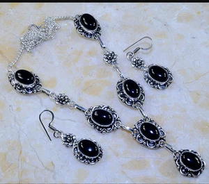 BEAUTIFUL NEW GENUINE BLACK ONYX 925 SILVER ROSE DANGLING EARRINGS NECKLACE SET - Picture 1 of 1