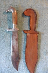 Antique Horse Head Mexican Fighting Knife F.P Perez? Horn Handle Tooled Leather - Picture 1 of 8