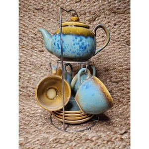 Vintage 10 Stück Keramik Tropfglasur Teekanne, 4 Tassen & Untertassen Gestell Braun & Blau - Bild 1 von 14