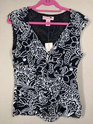 Bandolino Vintage 90s/2000s Stretchy Mesh Top Floral Ruched Cap Sleeve Large New - Image 1 of 4