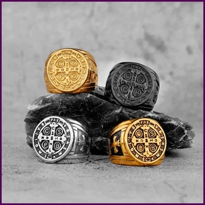 Anillo cruz San Benito hombre acero inoxidable Biker Amuleto Joya Regalo - Bild 1 von 28