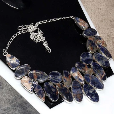 Collar de racimo grande enchapado en plata 925 de sodalita 83 gms 18" regalo de cumpleaños JW Foto 1 de 3