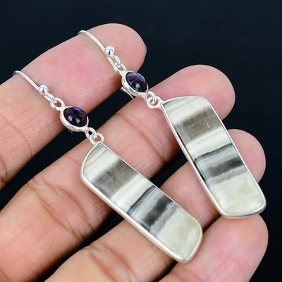 Pendientes hechos a mano de calcita ágata enchapados en plata 925 de 2,8" Foto 1 de 3