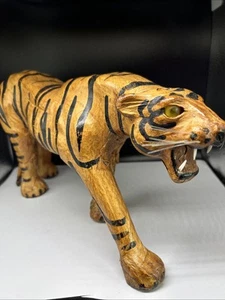 Vintage Leather Wrapped Handmade Tiger Figure 13” Made In India As Is - Picture 1 of 9