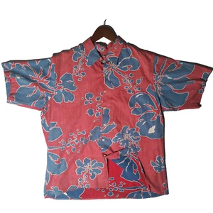 Reyn Spooner Hawaiian Floral Big Hibiscus Button Up Reverse Print Tiki Red Blue - Picture 1 of 6