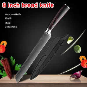 8 inch Bread Knife Serrated Blade Damascus Steel Kitchen Cake Knife Tools 20cm - Picture 1 of 12