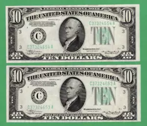 1934 A $10 **CONSECUTIVE PAIR** FRN Federal Reserve Note Fr 2006 C Philadelphia - Picture 1 of 2