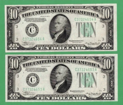 1934 A $10 **CONSECUTIVE PAIR** FRN Federal Reserve Note Fr 2006 C Philadelphia - Image 1 of 2