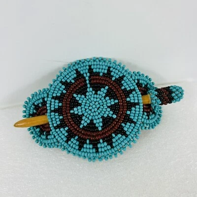 Southwest 2-Piece Beaded Hair Stick Pin Barrette Clip Turquoise Blue Black Brown - Image 1 of 4