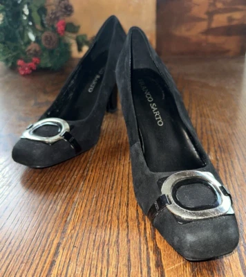 Franco Sarto Wmn 7.5 M Negro Gamuza Cuero Tono Plateado Hebilla 3 en Tacón Foto 1 de 4