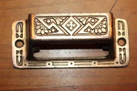 Antique Brass Plated Cast Iron Detailed Bin Apothecary Cupboard Drawer Pull L-38 Cover