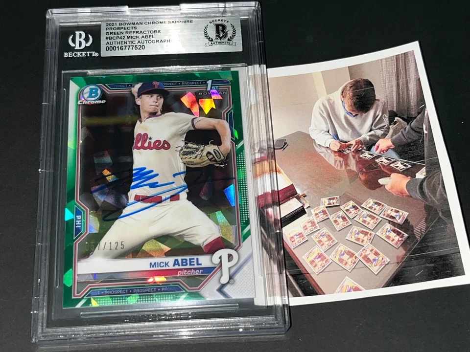 Mick Abel Phillies SIGNED 2021 1st BOWMAN Sapphire Green Refractor BECKETT BAS - Image 1 of 1