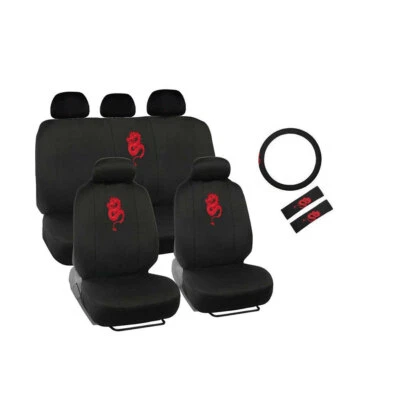 New Red Dragon Car Black Seat Covers Steering Wheel Cover & Seat Belt Pads Set - Image 1 of 4