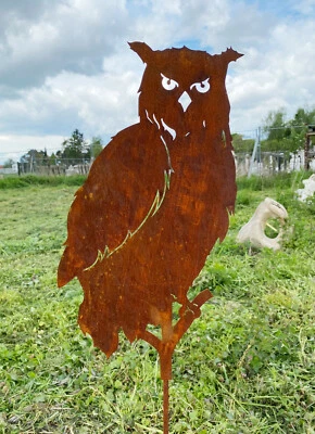 Eule seitlich auf Ast 50x27cm + Stab Edelrost Gartenstecker Rost Metall Uhu - Bild 1 von 3