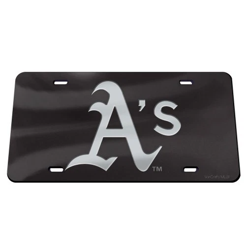 OAKLAND A'S ATHLETICS BLACK AND SILVER CRYSTAL MIRRORED CAR LICENSE PLATE - Image 1 of 1
