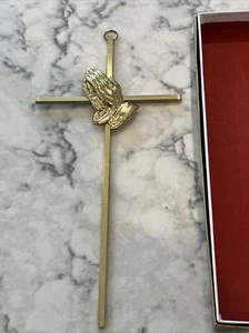 Vintage~Brass~10" x 5" ~Religious Crucifix Cross w/Folded Praying Hands Thanks - Picture 1 of 7