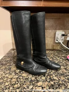ALEXANDER MCQUEEN Flat Leather Riding Boots 36.5 Gold Skull - Picture 1 of 7