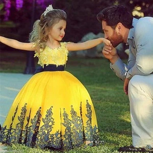 Ball Gown 2020 Cute Flower Girl Dress Princess Yellow&Black Applique New Arriva - Picture 1 of 7