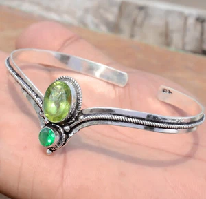 Green Oval Peridot, Diopside Gemstone Bracelet 925 Sterling Silver New Art Cuff - Picture 1 of 7