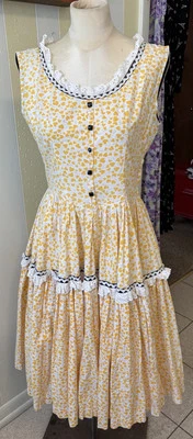 Vestido Columpio De Colección Años 50 Hecho a Mano Corazones Amarillos Flechas RicRac Encaje Algodón Med B36 W30 Foto 1 de 4