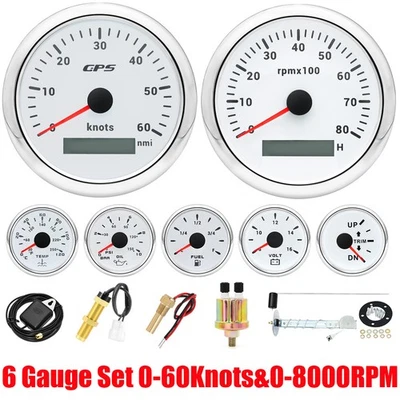 6 Gauge Set 85mm GPS Speedometer 60Knots Tacho&52mm Fuel/Oil/Temp/Volt W/Sensor - Image 1 of 4