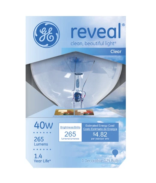 GE - Reveal Lightbulb - Decorative Clear G25 - 40w 265l -1ct - Image 1 of 1