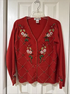 Cárdigan De Colección KIKIT Navidad Rojo Poinsettia Muy Adornado Talla Lg Foto 1 de 4