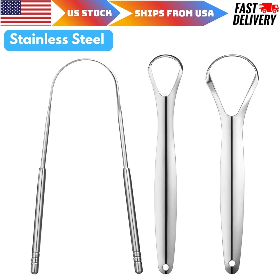 Raspador de lengua de metal de 3 piezas, raspadores de lengua para adultos niños, acero inoxidable Foto 1 de 4